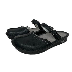 Alegria by PG Lite Tuscany Women Strap Sandal Tooled Black Leather Silver Size 6